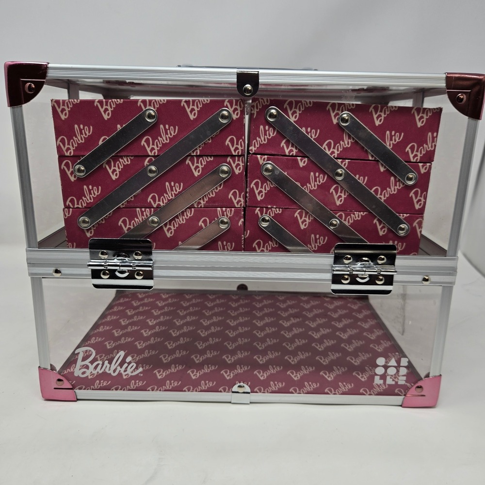 Caboodles x Barbie Clear Acrylic Makeup Train Case Cantilever Trays‎ Pink Logo